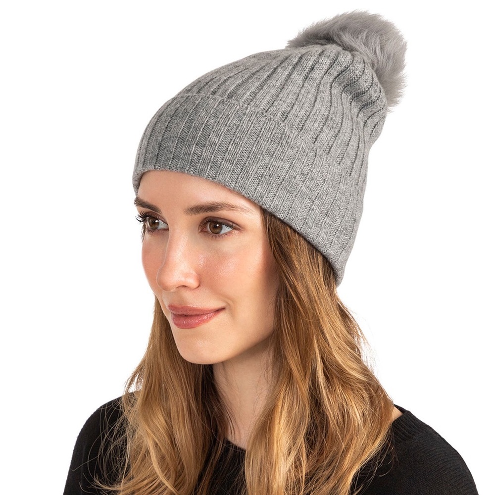 AMICALE WOMENS CASHMERE BEANIE WITH GENUINE SHEARLING POMPOM GREY NWT